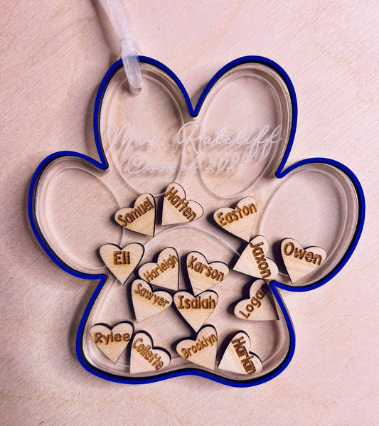 Personalized Paw Print Ornament For Teacher // Custom Class Roster Ornament // Teacher Appreciation Gift // Classroom List