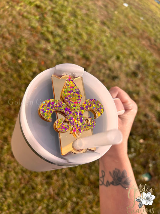 Mardi Gras 40oz Stanley Topper Fleur-de-Lis Glitter Tumbler Topper for Stanley H2.0 40oz | Mardi Gras Cup Accessory | Straw Cover | Stanley Tumbler Top