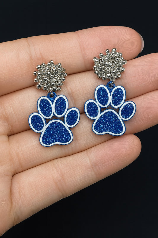 Royal Blue and Silver Paw Print Earrings