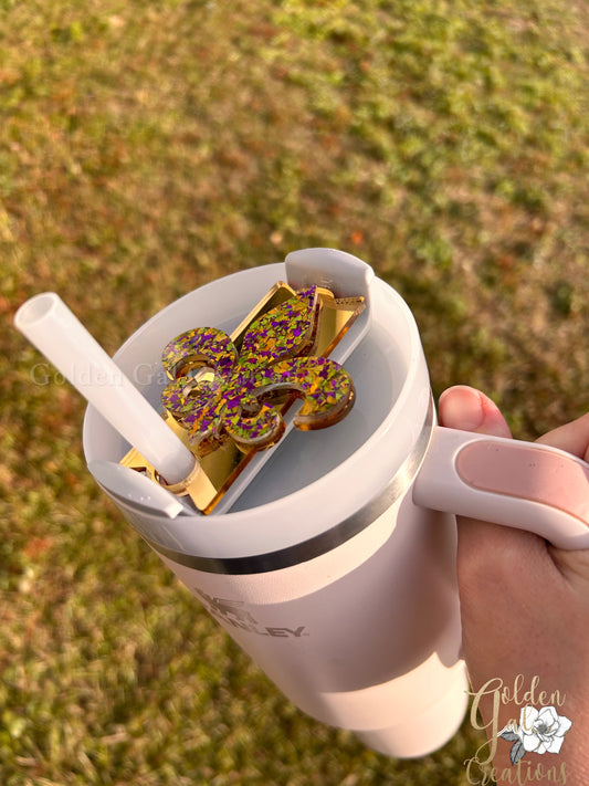 Mardi Gras 40oz Stanley Topper Fleur-de-Lis Glitter Tumbler Topper for Stanley H2.0 40oz | Mardi Gras Cup Accessory | Straw Cover | Stanley Tumbler Top