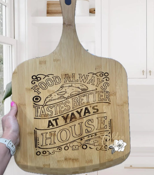 Custom Engraved Bamboo Pizza Board –“Food Always Tastes Better at Grandma’s House” Gift for Mom, Mimi, Gigi, Lollie, Yaya, Mother's Day Gift
