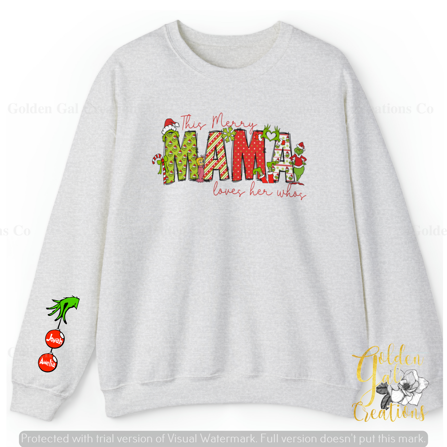 Personalized Merry Mama Christmas Sweatshirt or longsleeve with Your Children's Names on Who Ornaments - Festive Holiday-Inspired Design