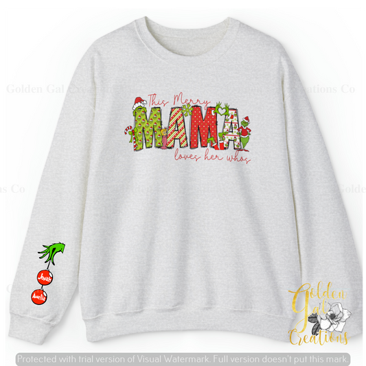 Personalized Merry Mama Christmas Sweatshirt or longsleeve with Your Children's Names on Who Ornaments - Festive Holiday-Inspired Design