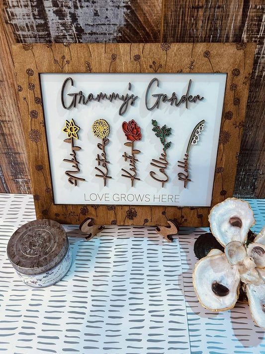 Personalized Grandma's Garden Sign, Birth Flower Sign, Wooden Birth Month Sign, Custom Floral Sign with Name, Mother's Day Gift,Gift for Mom