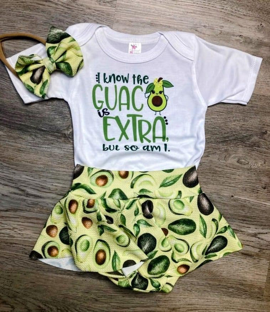 2/3t avocado skirted bummie set with bow